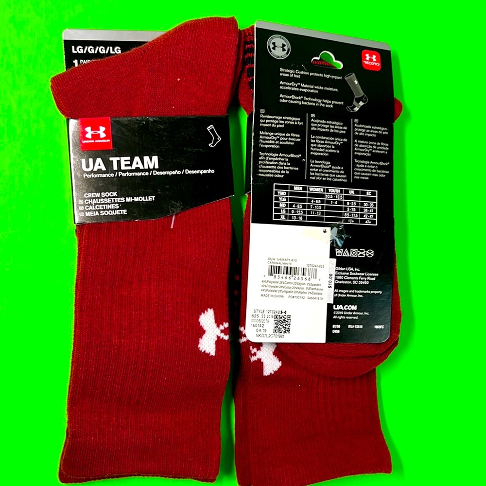 Lot of Two (2) Under Armour Unisex Crew Socks in Cardinal Red - Large